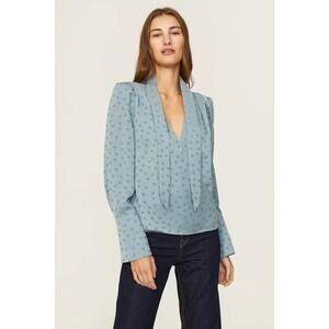 Favorite Daughter The Joan Polka Dot Blouse with Tie-Neck Slate Blue Women's M